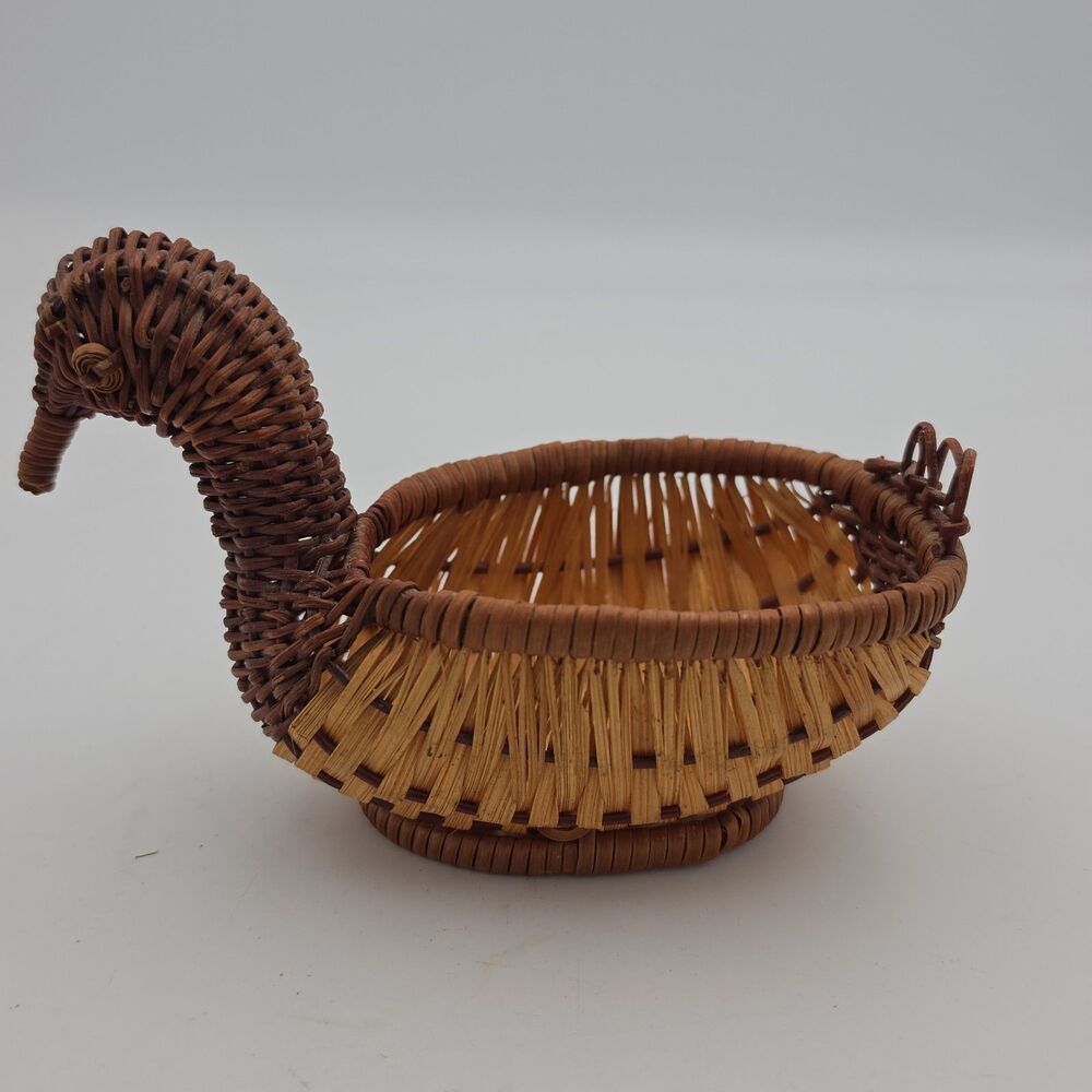 Vintage Wicker Swan Basket 6" Handwoven Rattan Planter Candy Dish Decor